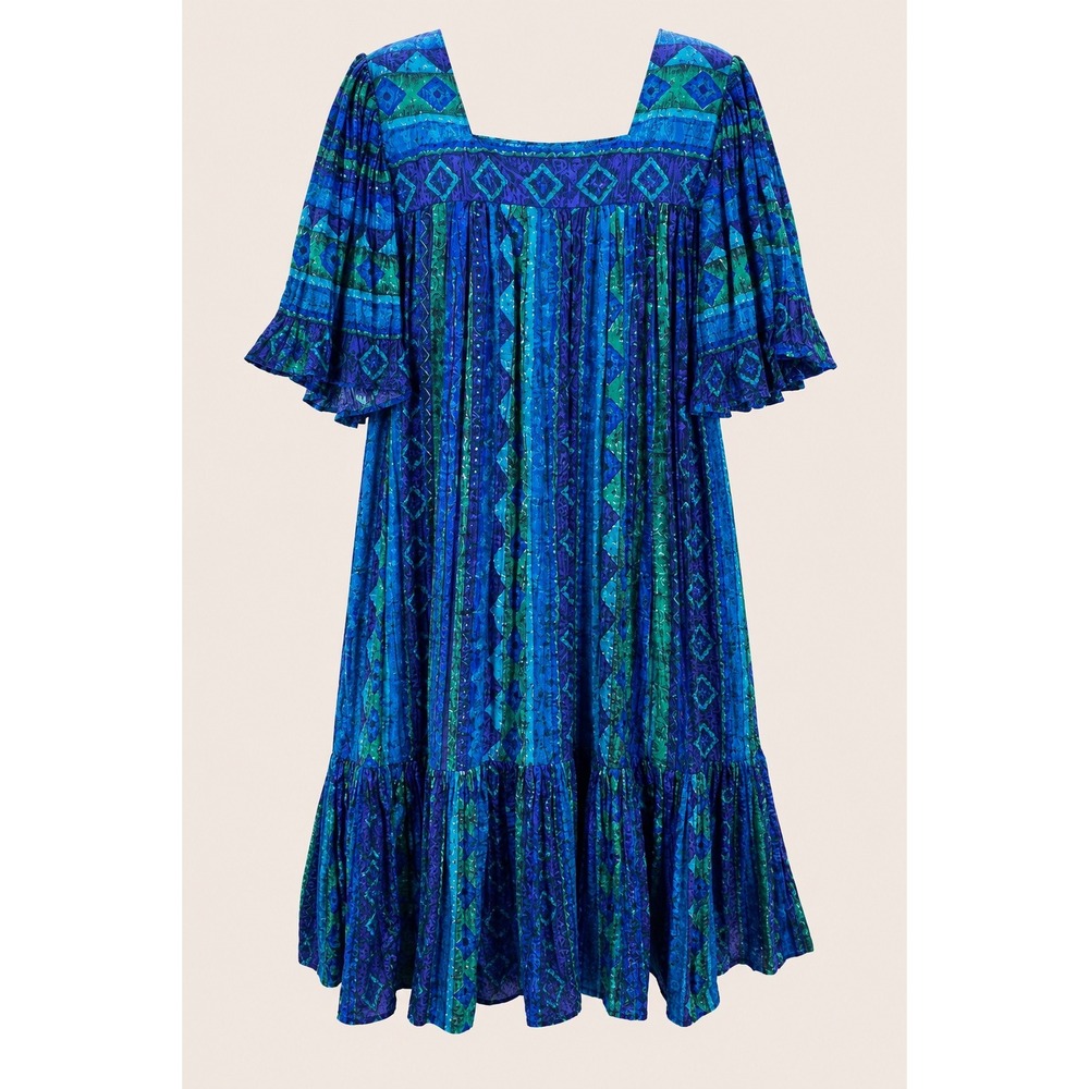 Naqui New York Caftan Muumuu Dress Boho Maximalist Blue Green Satin 1X